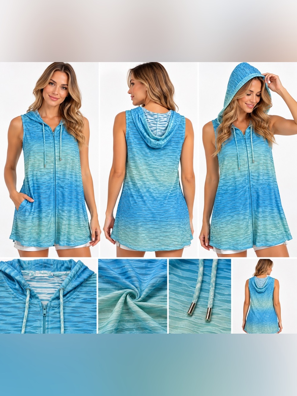 J Valdi Blue Ombre Hooded Sleeveless Zip Cover Up Top Size S NWT